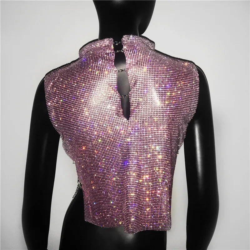 Sexy Rhinestone Backless Party Crop Top Women Glitter Turtleneck TShirt Adjustable Metal Chain Summer Nightculb Diamond Tank Top