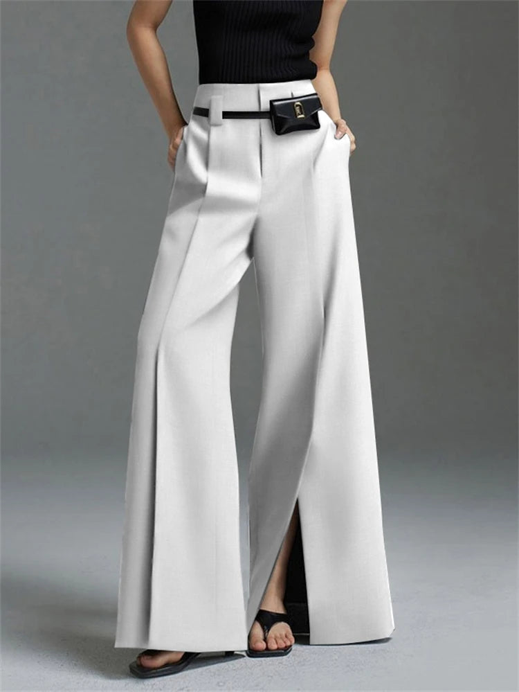 Yeezzi Urban Female Suit Pants 2025 New Fashion Black White Color Loose Straight Pant High-Waisted Pleated Split-Front Trousers