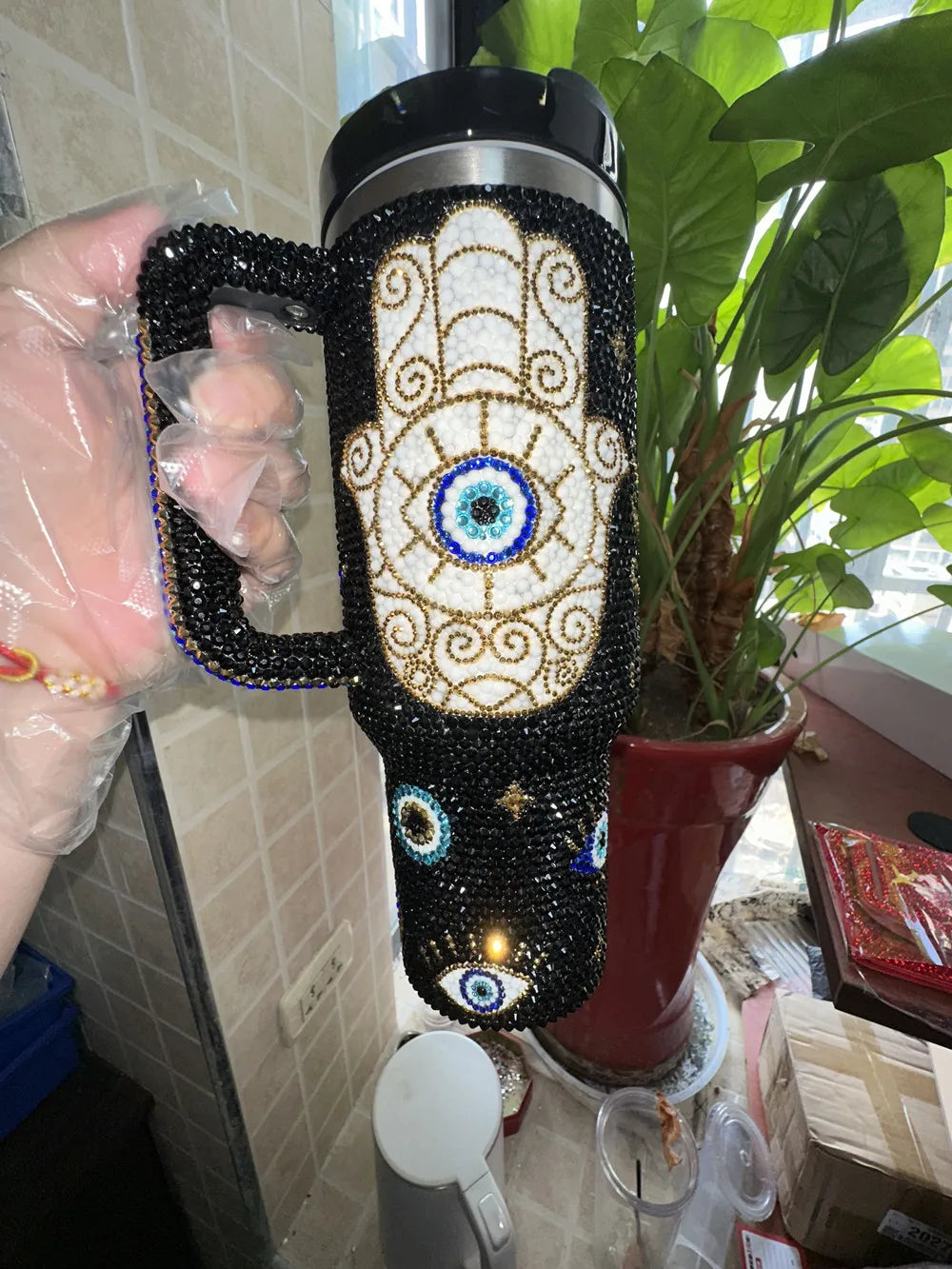 Personalized Customized DIY Handmade 40oz Evil eye Opal White Bling Rhinestone Tumbler