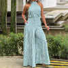 Summer women's geometric printed sleeveless pants with elegant temperament cinched waist tie up hanging neck style jumpsuit