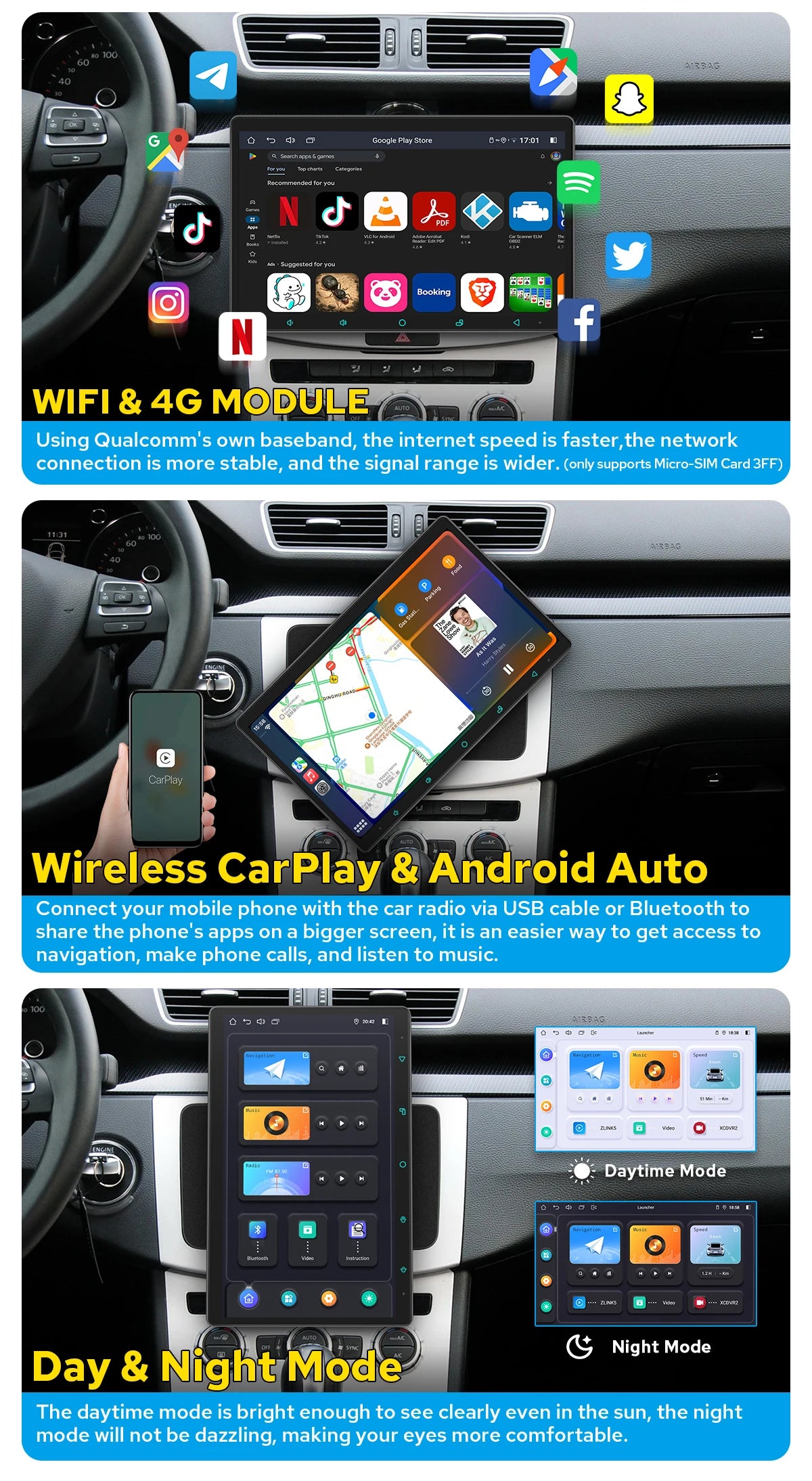 JOYING 10.1" 11.6" 13.3" 15.1"Android Car Radio Stereo Multimedia Player Head Unit Built In Carplay With Manual Rotatable Screen