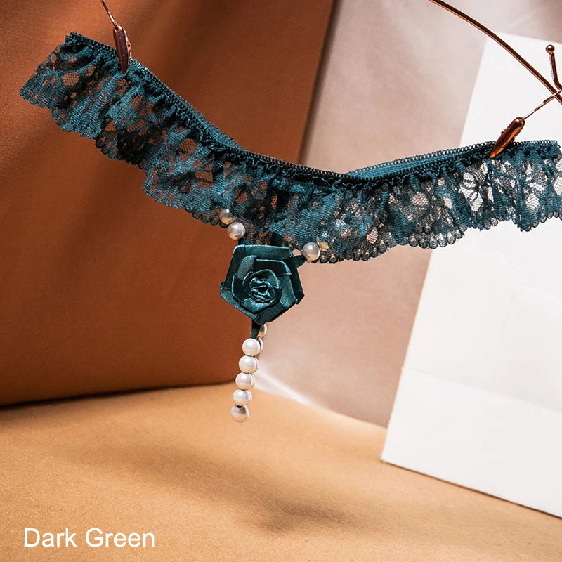New Pearls Rose Embellishment Thong Embroidery Panries Women's Sexy Ultra-thin G-string Low-waist Beaded Temptation Underwear