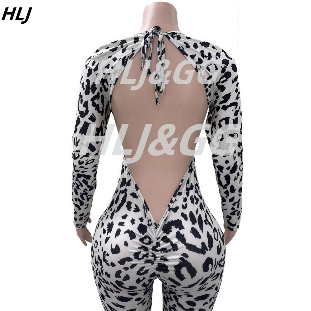 HLJ Sexy Backless Lace Up Leopard Bodycon Jumpsuits Women O Neck Long Sleeve Skinny Pants One Piece Playsuits Fashion Overall