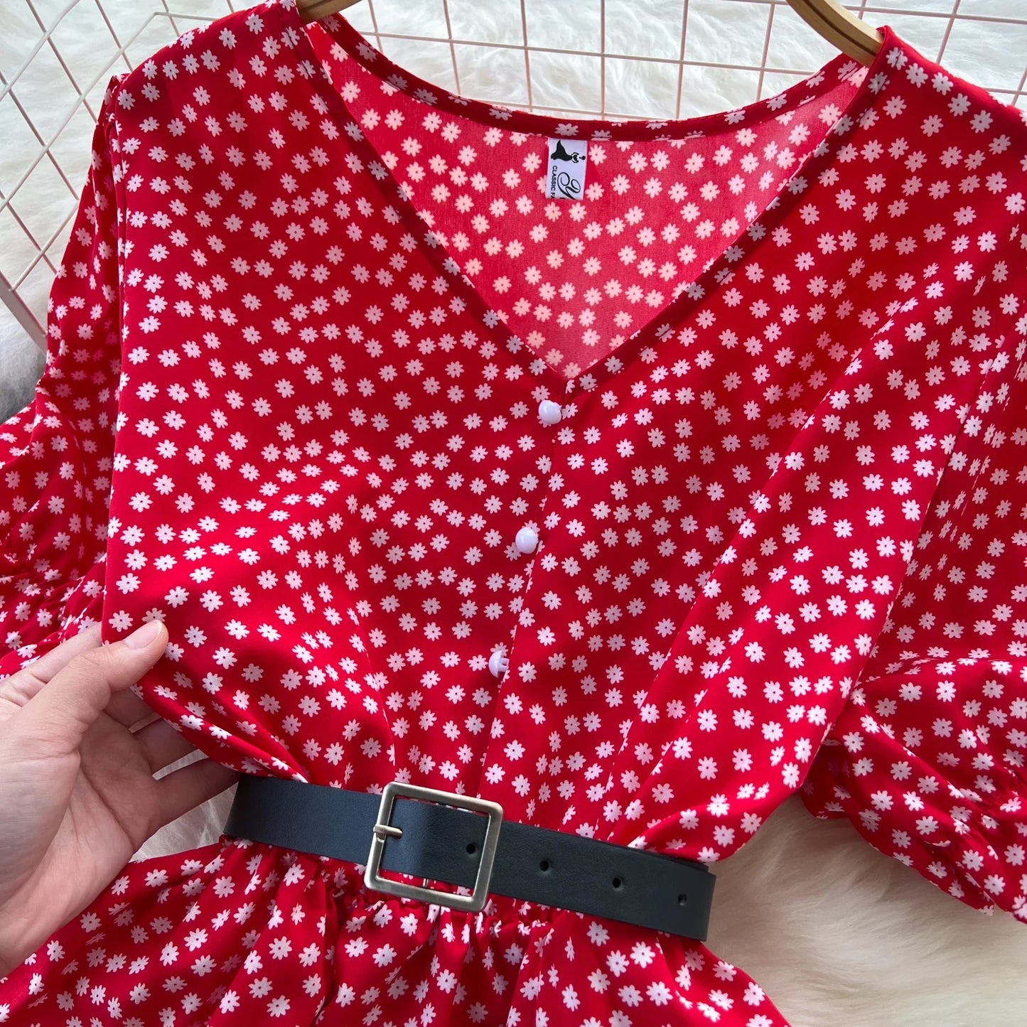 Summer Pleated Women Buttons Dresses Casual Beach Holiday Short Sleeve V Neck Woman Midi Dress Bohemian Mujer Vestidos