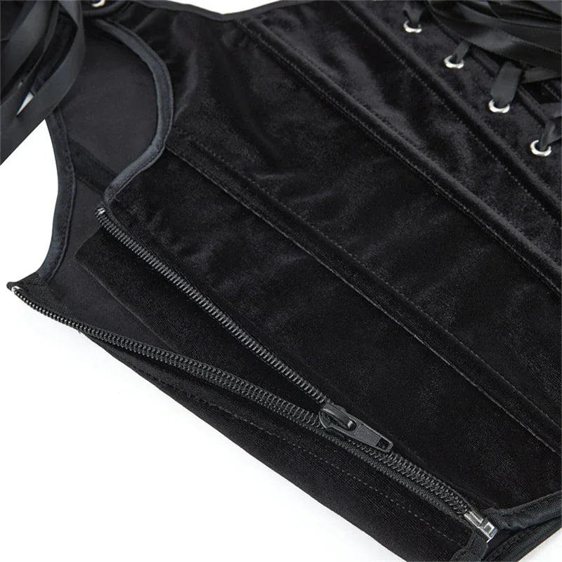 Black Velvet Sexy Overbust Corset Crop Tops Women Front Lace Up Side Zipper Shoulder Strap Bustier Vest Slimming Shaper Camis