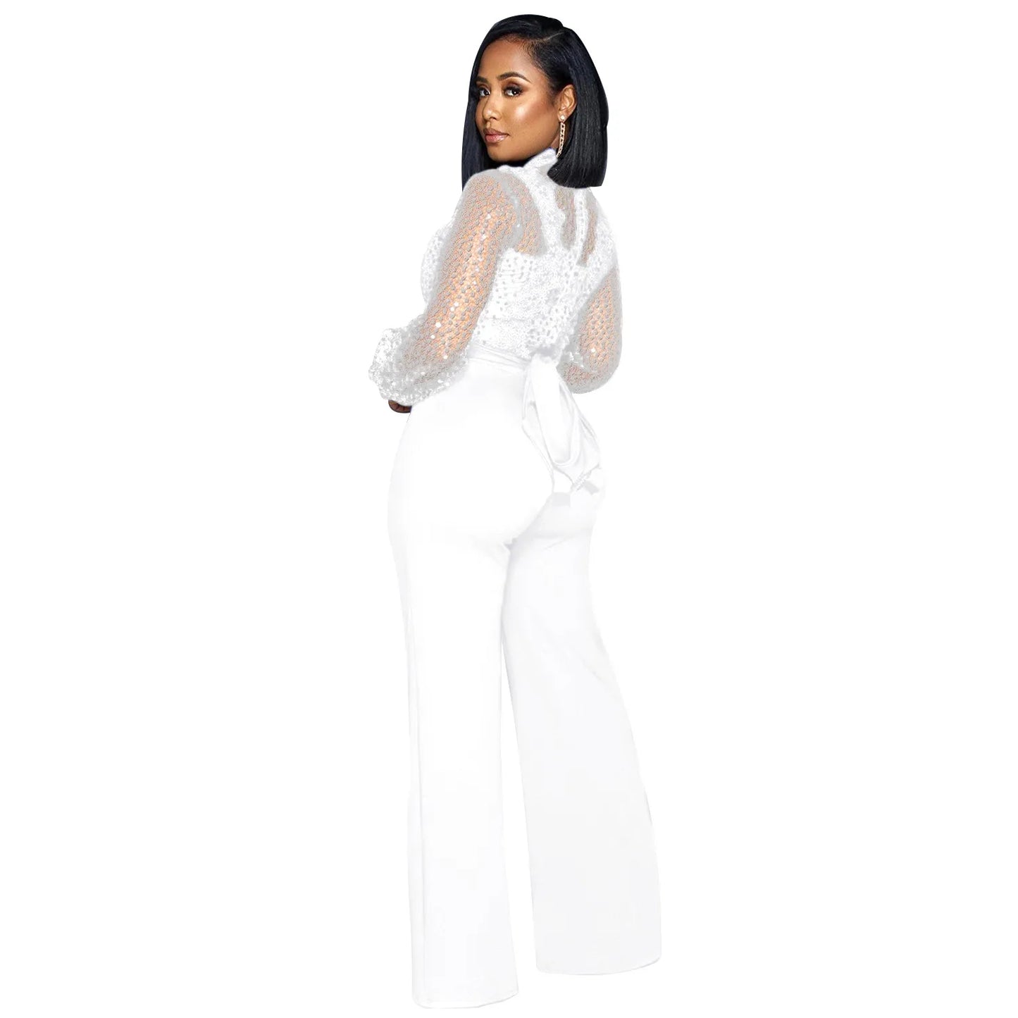 Fashion Women's Clothing Hollow Long-sleeved Loose Wide Leg Jumpsuits Overall Pants Solid Color Sexy Lace