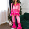 Women New Year Pajamas Set Christmas Party Loungewear Long Sleeve Feather Shirt Pants Sleepwear Santa Claus Night Wears Pyjamas