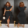 CM.YAYA Women Flare Short Sleeve High Side Split Ruffles Bodycon Midi Dress 2023 Autumn Vestidos Sexy Party Birthday Dresses