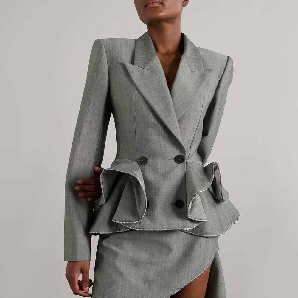 TWOTWINSTYLE Solid Spliced Ruffles Blazers For Women Notched Collar Long Sleeve Patchwork Button Casual Blazer Female Clothing