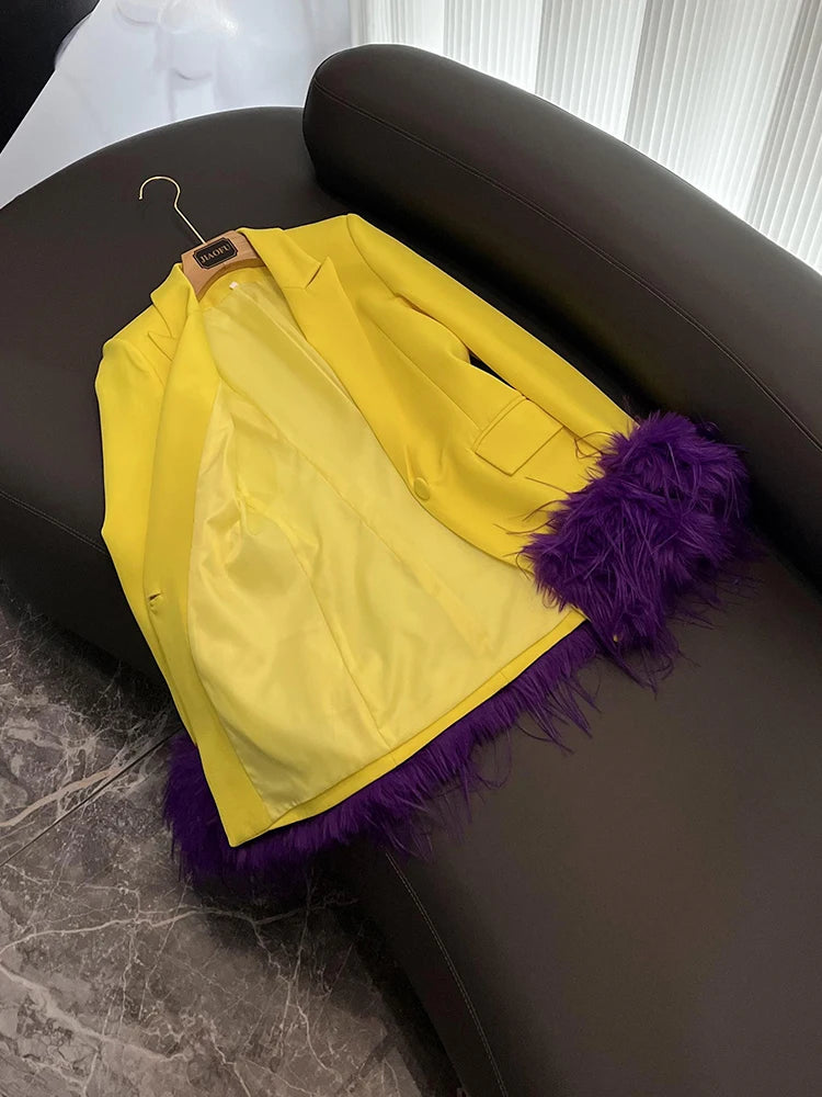 TWOTWINSTYLE New Hit Color Chic Blazers For Women Notched Collar Long Sleeve Patchwork Feathers Fashion Blazer Female KJA524948