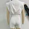 Znaiml Elegant White Patchwork Rompers Playsuits Women Lapel Sleeveless Slim Shorts Jumpsuits Hollow Button Birthday Overalls