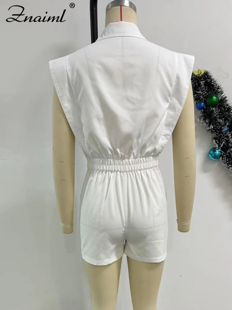 Znaiml Elegant White Patchwork Rompers Playsuits Women Lapel Sleeveless Slim Shorts Jumpsuits Hollow Button Birthday Overalls
