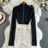 Faionable Diamond Embellied Wrap Skirt Set ort Top Long Dr Slimming High Collar Long Sve Zipper Two Piece Set