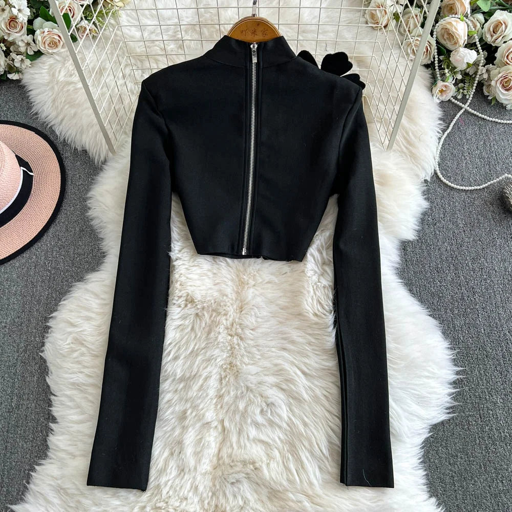 Faionable Diamond Embellied Wrap Skirt Set ort Top Long Dr Slimming High Collar Long Sve Zipper Two Piece Set