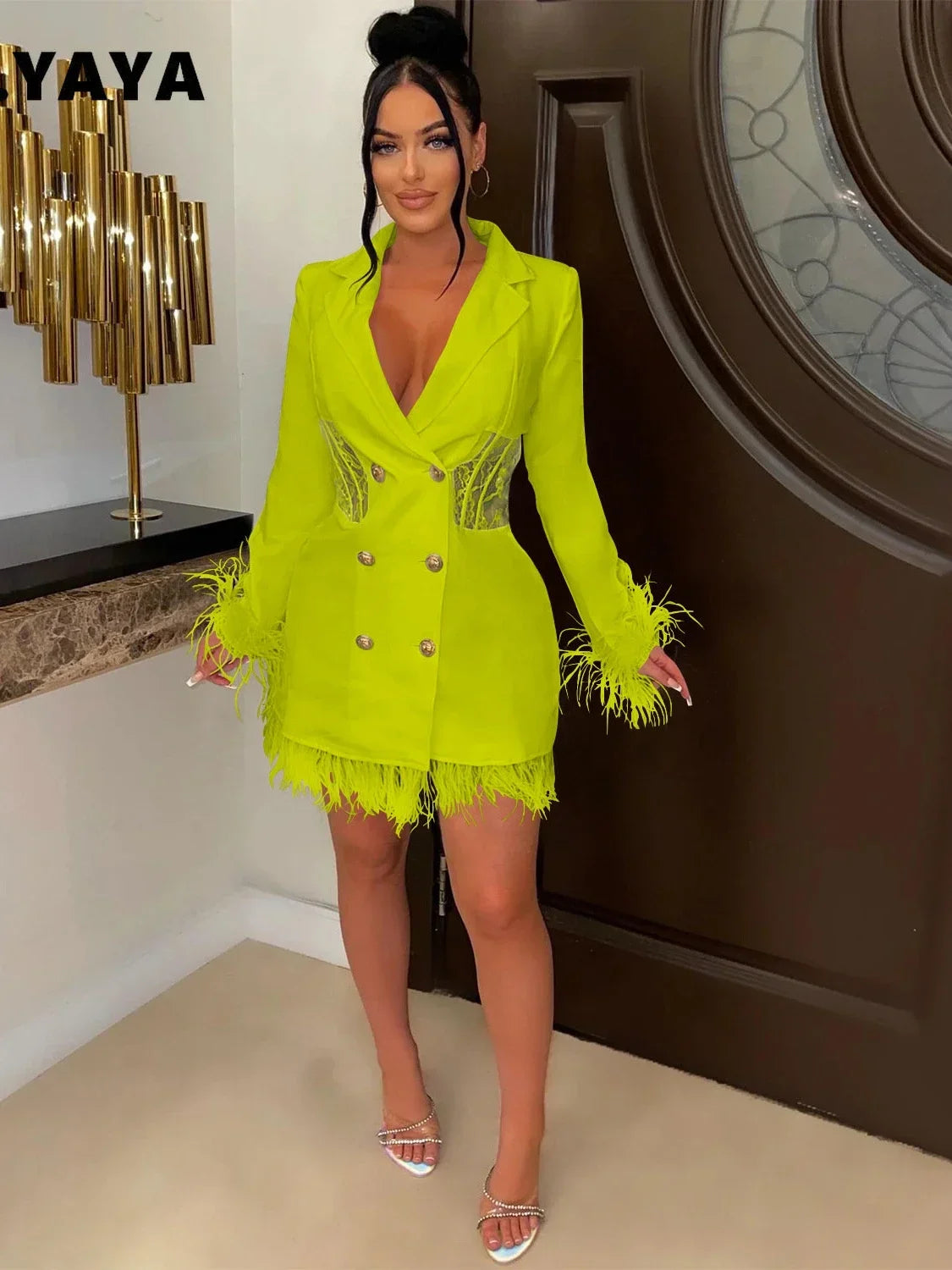 FANAN Elegant Women Double Breasted Tassel Hem and Long Sleeve Notched Collar Lace Waist Patchwork Blazer Dress Vestidos 2022