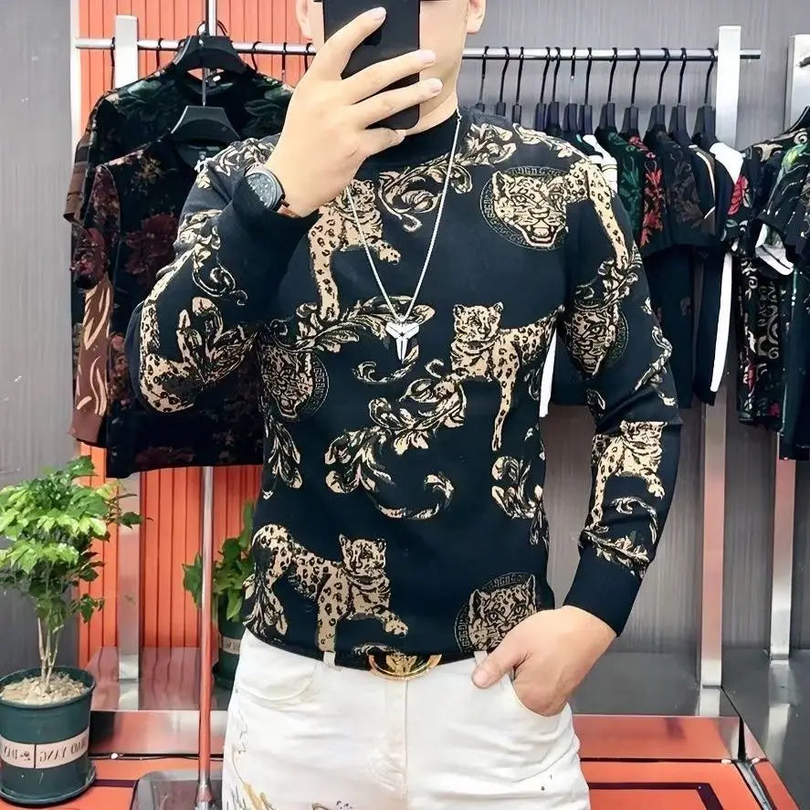 Men's T-shirt with Fashionable Personality Handsome and Versatile Trend Long Sleeved Men's Base Shirt Thick Style