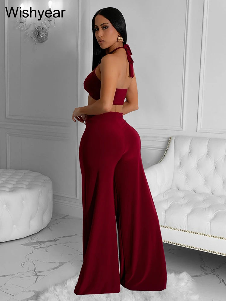 Wishyear Sexy Black Women's Halter Bandage Cross Top amd Wide Leg Pants Two 2 Piece Sets Sexy Night Club Party Evening Outfits