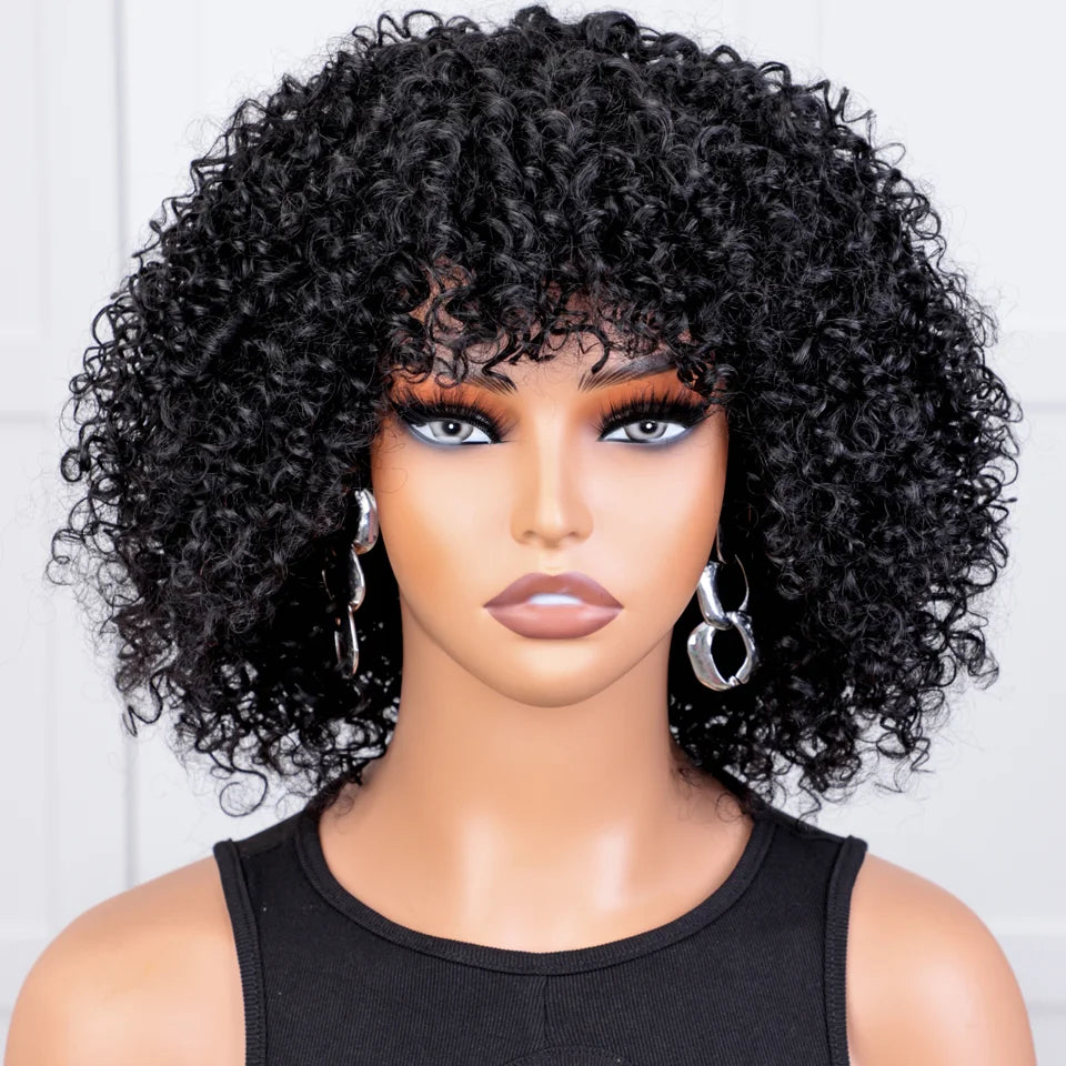 250D Brown Color Afro Kinky Curly Human Hair Wigs with Bangs Wear to go Glueless Wig Remy Brazilian Short Curly Human Hair Wig
