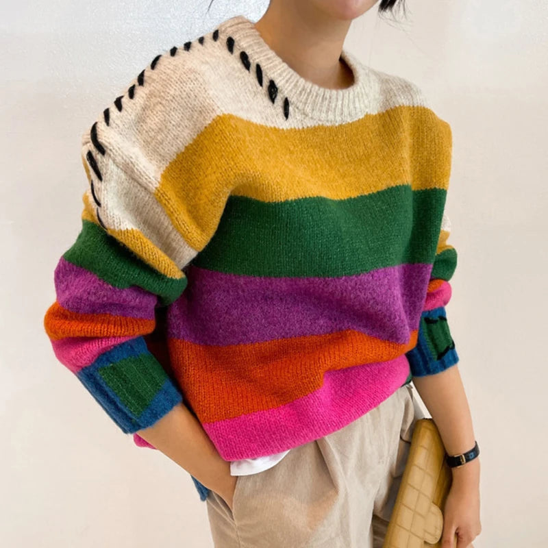 Chic Vintage Contrast Oversized Sueter Fairy Grunge Pullover O Neck Rainbow Sweaters Winter Striped Knitting Sweater Women