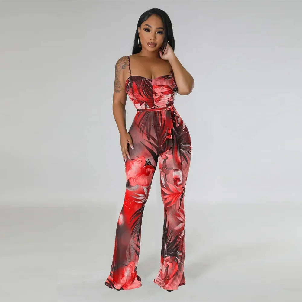 Floral Printed Jumpsuits Summer Outfits for Women 2024 Clubwear Spaghetti Strap Skinny One Pieces Romper Summer Beach Wear