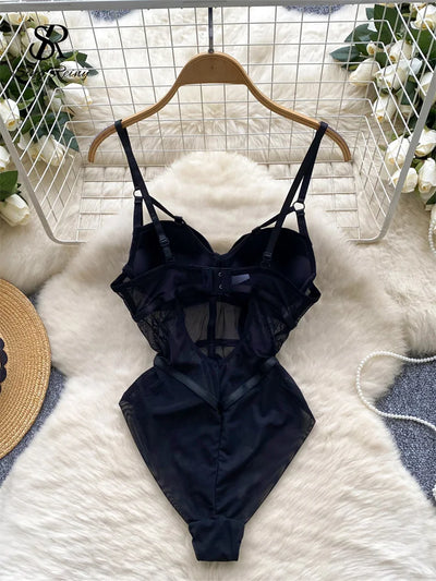 SINGREINY Women Corset Slim Sexy Bodysuits Sleeveless Gauze Short Playsuits Fashion Open crotch Underwear Camis Solid Rompers