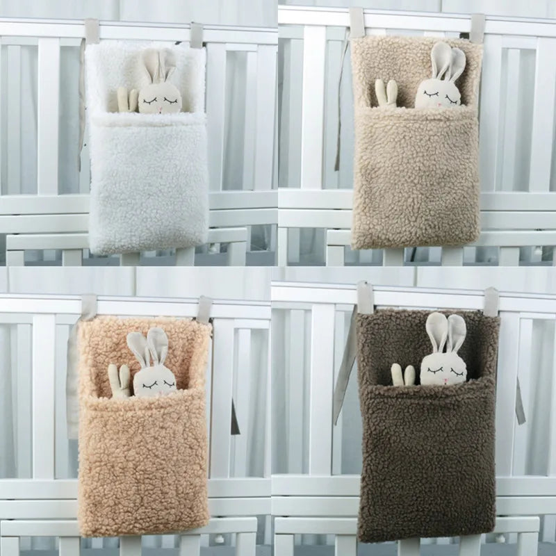 New Thick Plush Baby Crib Hanging Storage Bag Portable Double Pockets Newborn Cot Toy Organizer Bag Bed Headboard Storage Pouch