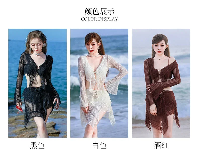 Bikini Sets Women Long Sleeve Irregular Three Pieces Lace-up Summer Sun-proof Vintage European Style Sexy Swimwear Beach Outfit