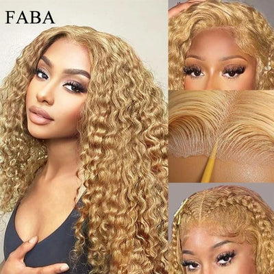 FABA Glueless Wigs Human Hair #27 Color Honey Blonde Deep Wave Human Hair Wig 13x4 Lace Frontal Wigs with Baby Hair 180% Density