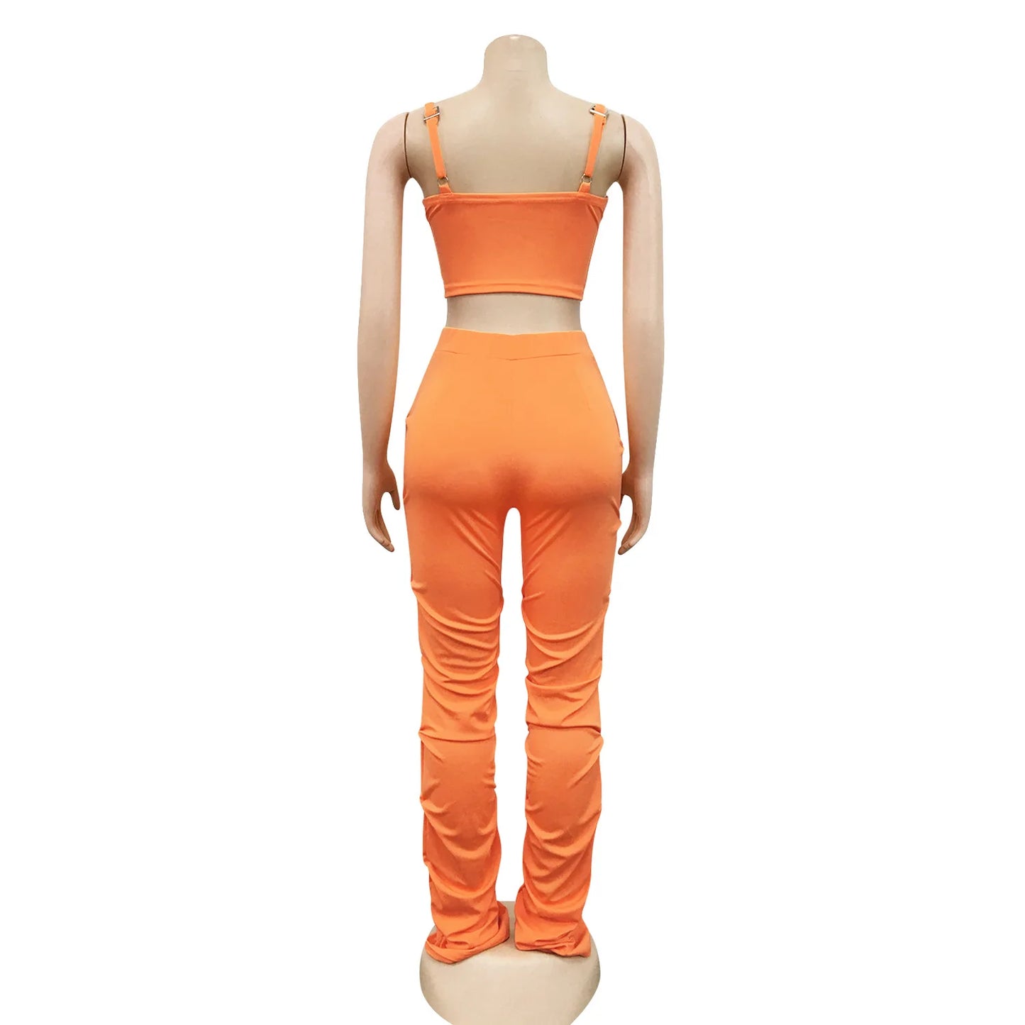 Sexy Solid Color Women's 2-Piece Slim Fit Open Back Zipper Tank Top+High Waist Trouser Set Amazing Bust Wrapping Street Clothing