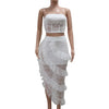 Sexy Two 2 Piece Sets Night Club Outfits for Women White Lace See Through Sleeveless Strapless Top and Ruffles Long Skirts Suit