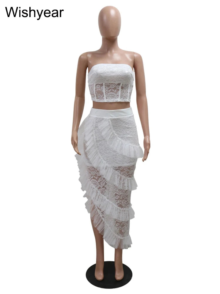 Sexy Two 2 Piece Sets Night Club Outfits for Women White Lace See Through Sleeveless Strapless Top and Ruffles Long Skirts Suit