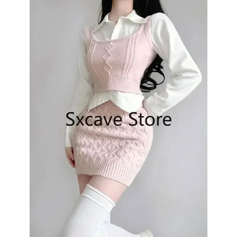 Spring Elegant Vintage Knitted Suits Women Even Party Clothing Korean 3 Piece Dress Set Office Lady Sweater Vest + Mini Skirt