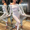 Sibybo Off Shoulder Long Sleeve Jumpsuits Women Fashion Rhinestones High Stretch Hollow Out Sexy Overalls Sparkly Party Rompers