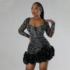 2024 New Women Mesh Sleeve Bodycon Sexy Diamonds Birthday Party Dress Tierred Ruffles Rhinestone Pearls Night Club Dress Pink