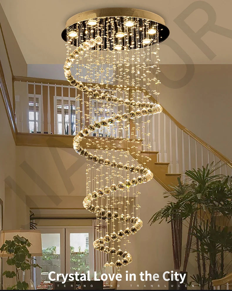 Staircase Long Pendant Lamp, Villa Lamp, Crystal Hanging Line Lamp, Duplex Living Room Spiral Lamp, Glass Romantic Decorative La