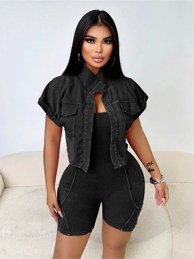 Women Clothes Sexy Female Fitness Gym Jumpsuit Shorts Acid Wash Vintage Bodycon Romper One Piece Short Sleeve Jacket 2 Piece Set