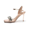 Summer One-word Rhinestone Square Head Sandals Women's Stiletto Open-toed Crystal Gemstone High Heels
