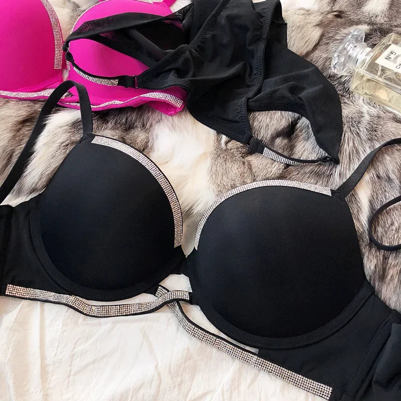 2 Pieces Sexy Underwear Set for Women Classic Cross Hollow Bra Sparkle Rhinestones Lingerie Deep V Push Up Brassiere Set