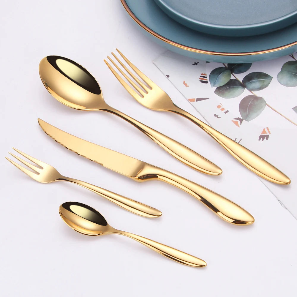 6/16/20/24Pcs Gold Tableware Stainless Steel 304 Cutlery Set Western Dinner Set Mirror Knife Fork Spoon Smooth Handle Flatware