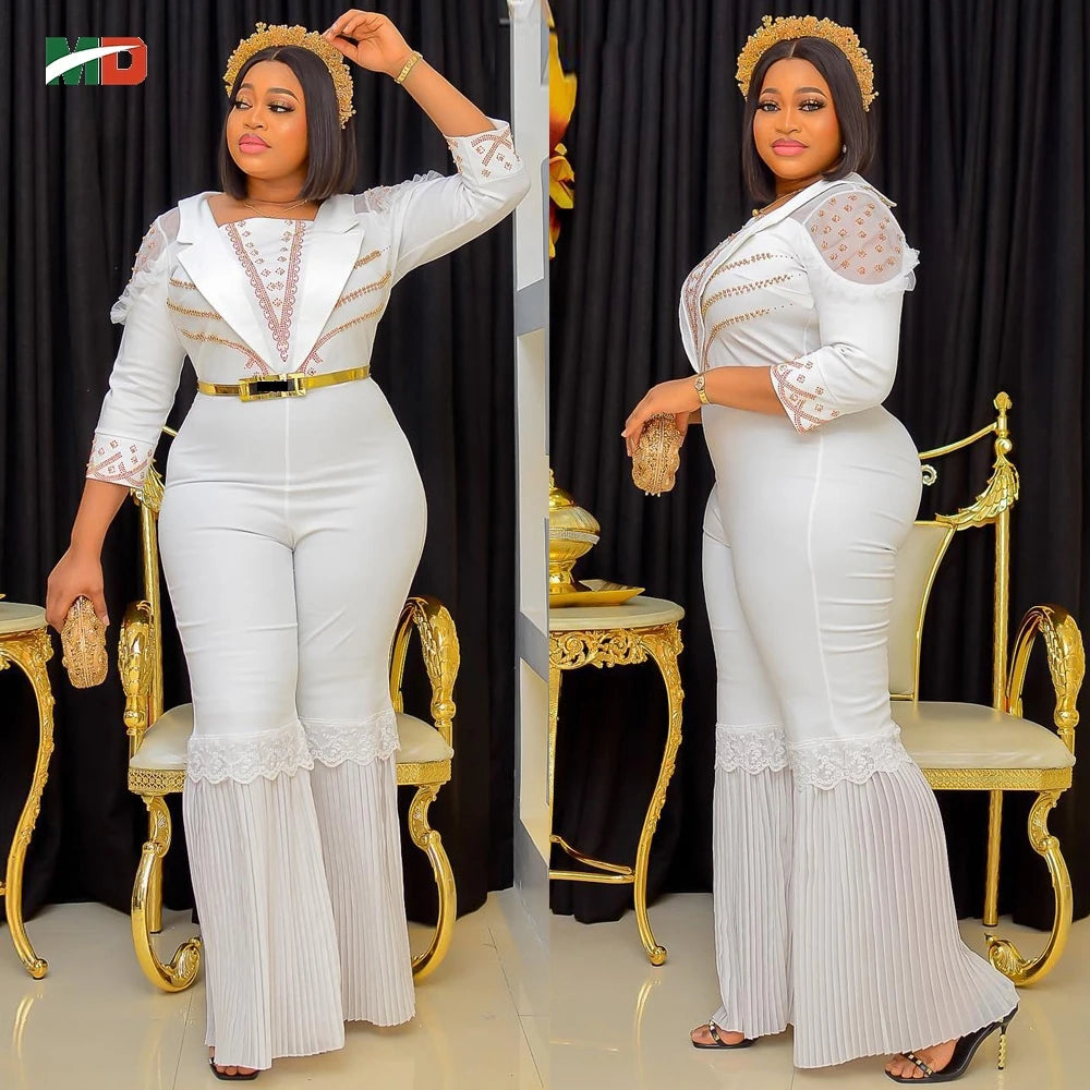 MD New African Women Long Jumpsuit 2023 Spring Summer Wedding Party Rompers Pants Set Dubai Turkey Ladies Dashiki Ankara Outfit