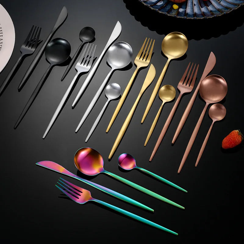 30Pcs Black Gold Dinnerware Set Stainless Steel Dinner Knife Fruit Fork Spoon Cutlery Set Kitchen Tableware Silverware Sets