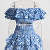 TWOTWINSTYLE Hit Color Print Casual Two Piece Sets For Women Slash Neck Short Sleeve Top High Waist Skirt Summer Set Female New