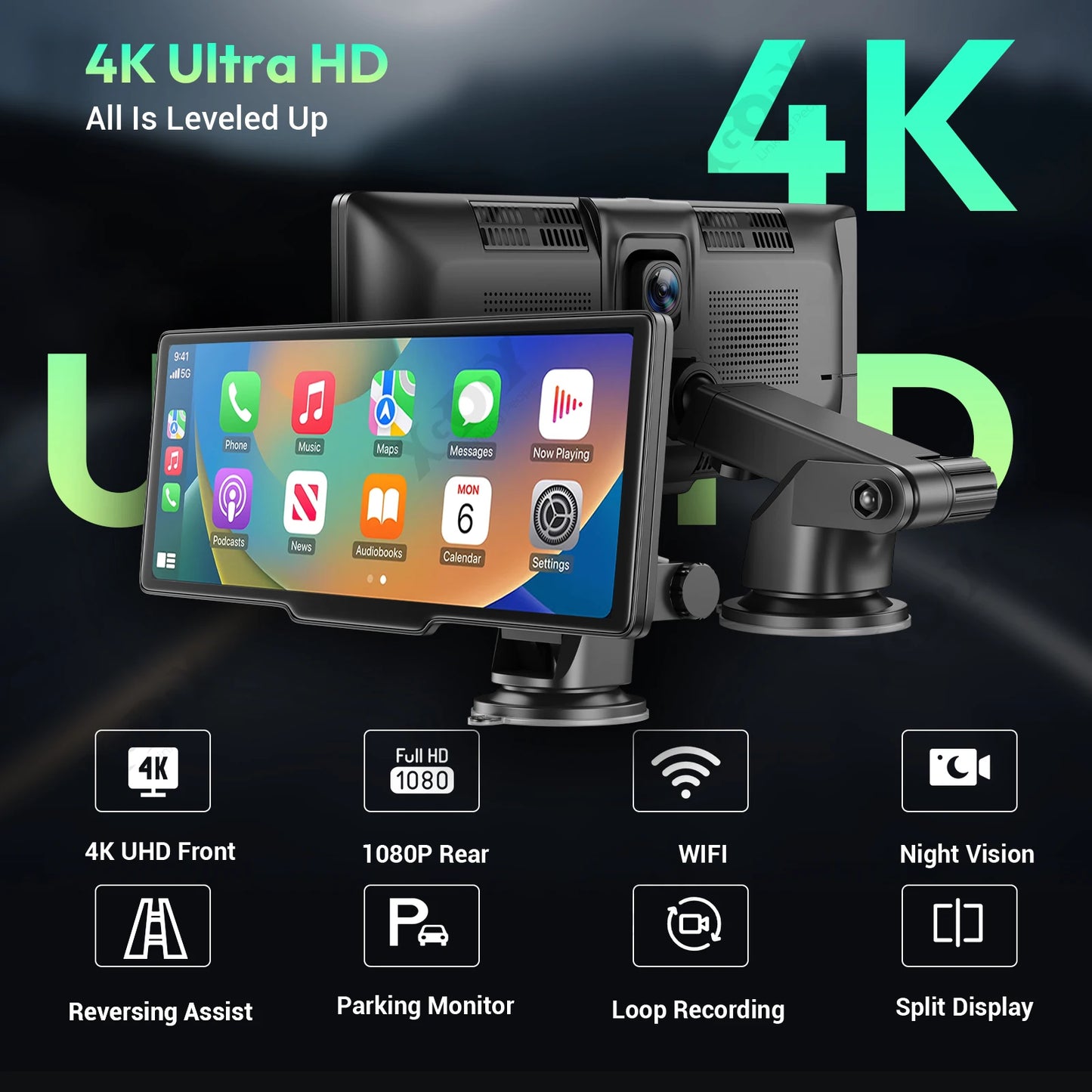 XGODY 10.26" 4K Dash Cam Wireless Carplay Android Auto Car DVR WiFi Navigation Rearview Camera Dashboard Video