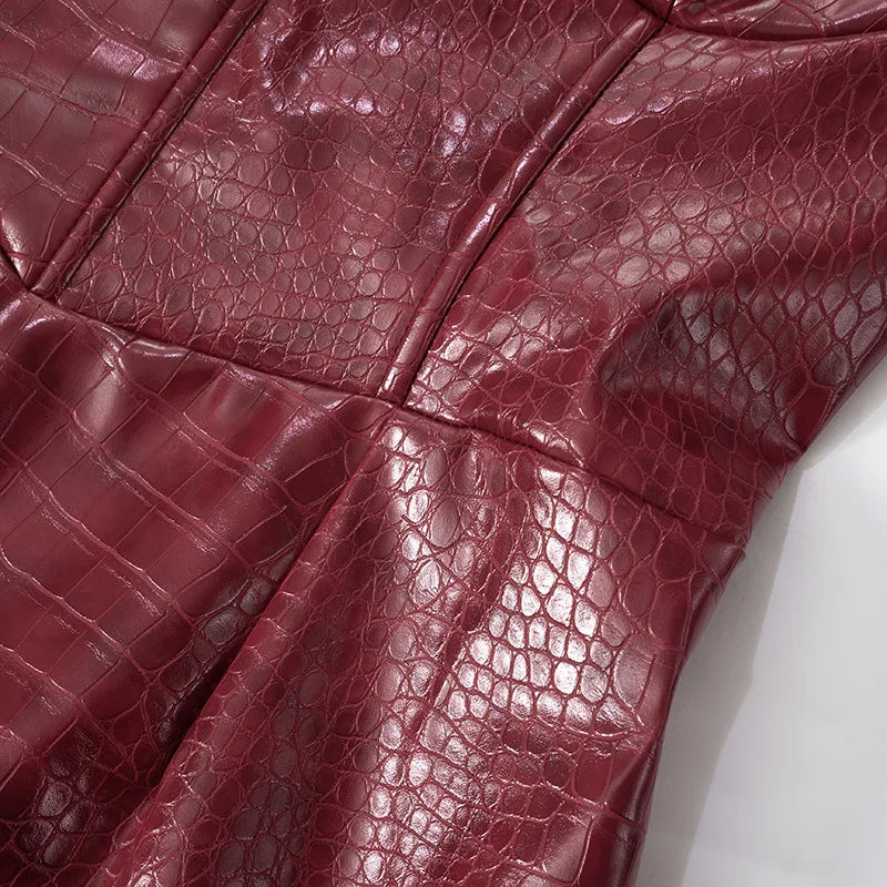 Luxury Leather Strapless Short Dress Womens Sleeveless Backless Sexy Crocodile Skin Pattern Party Dresses 2025 Evening Red Brown