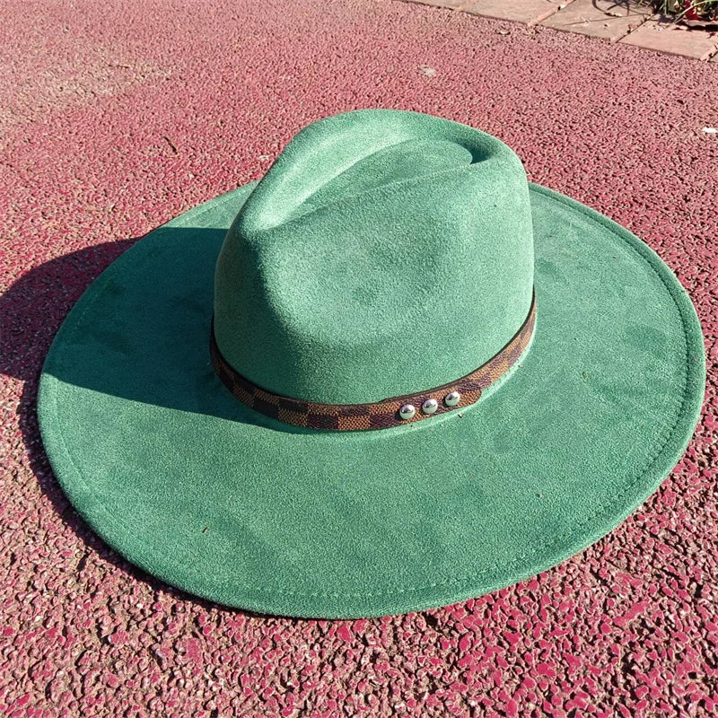 Fedora hat nubuck leather elastic webbing concave top wide brim hat for men and women autumn and winter hat  sombrero hombre