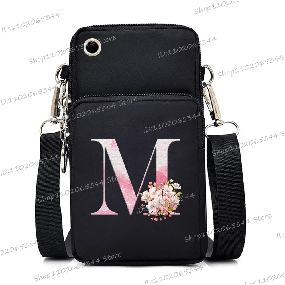 Women‘s Messenger Bag Small Handbag Crossbody Shoulder Wallet for Phone Sakura 26 Alphabet Print Coin Purse Ladies Card Holder