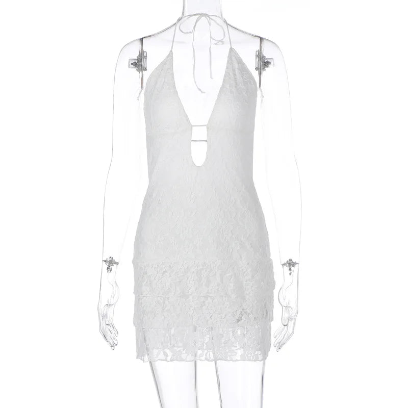 Articat 2024 Summer New Sexy Hollow Out Lace Up Hanging Women Dress Temperament Vestido Short Skirt Slim Party Vacation Beach