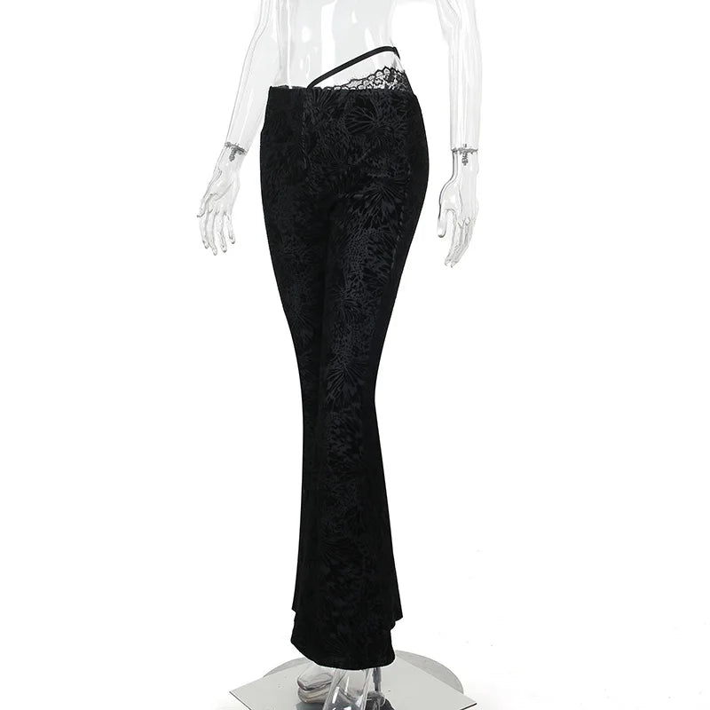 FAGADOER Sexy Lace See Through 2 Piece Sets Woman Outfit Hollow Out Crop Top + Flare Pants Female Y2K Streetwear Summer Spring
