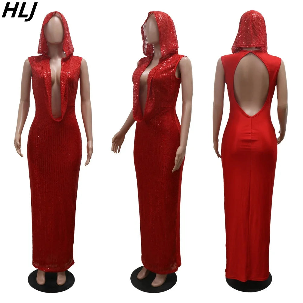 HLJ Sexy Deep V Perspective Sequin Hooded Bodycon Party Club Dresses Women Backless Sleeveless Slim Vestidos Fashion Clothing