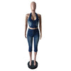 HLJ&GG Blue Fashion Denim Halter Two Piece Sets Women Sleeveless Backless Slim Crop Top And Skinny Jean Pants Outfits Streetwear